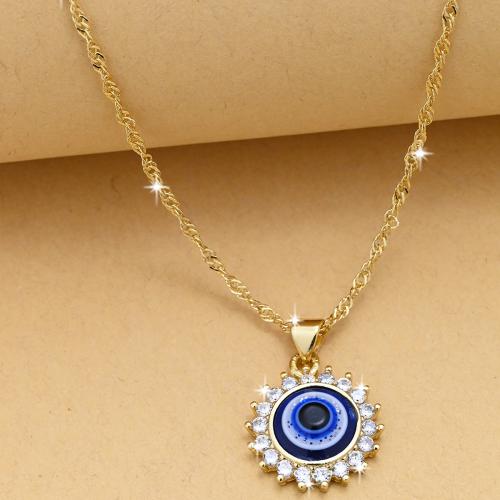 Evil Eye Jewelry Necklace, Brass, gold color plated, evil eye pattern & micro pave cubic zirconia & for woman, blue cm [