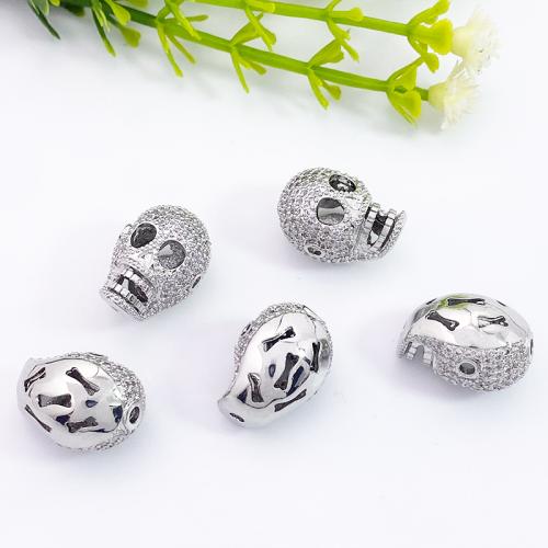 Cubic Zirconia Micro Pave Brass Beads, Skull, silver color plated, DIY & micro pave cubic zirconia [