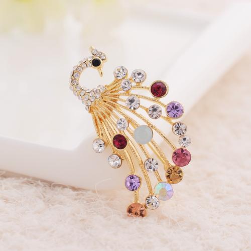 Rhinestone Zinc Alloy Brooch, Peacock, plated, fashion jewelry & with rhinestone, multi-colored 