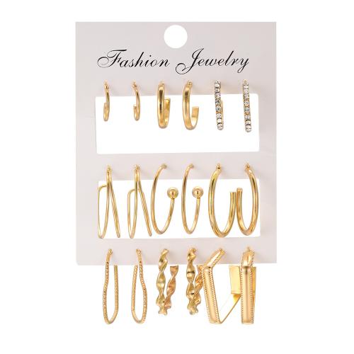 Zinc Alloy Rhinestone Stud Earring, 9 pieces & for woman & with rhinestone, gold [