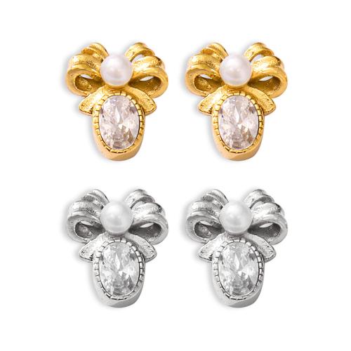 Boucles d'oreilles en acier titane, avec Shell Pearl, Noeud papillon, Placage, bijoux de mode & pavé de micro zircon & pour femme, plus de couleurs à choisir, Vendu par paire[