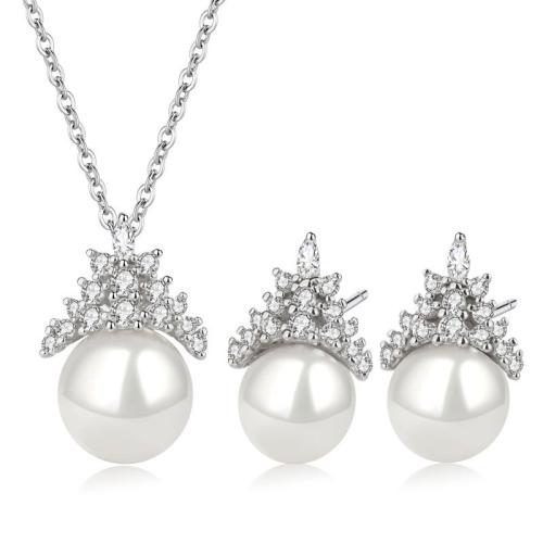 Ensembles de bijoux de perle d'eau douce en argent sterling, argent sterling 925, avec perle d'eau douce cultivée, styles différents pour le choix & pavé de micro zircon & pour femme, couleur platine, Vendu par PC[