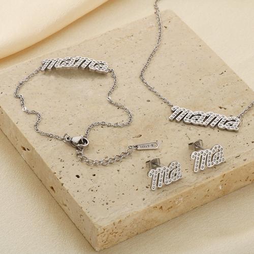 Rhinestone stainless steel Jewelry Set, 304 Stainless Steel, Stud Earring & bracelet & necklace, Alphabet Letter, Vacuum Ion Plating & for woman & with rhinestone [