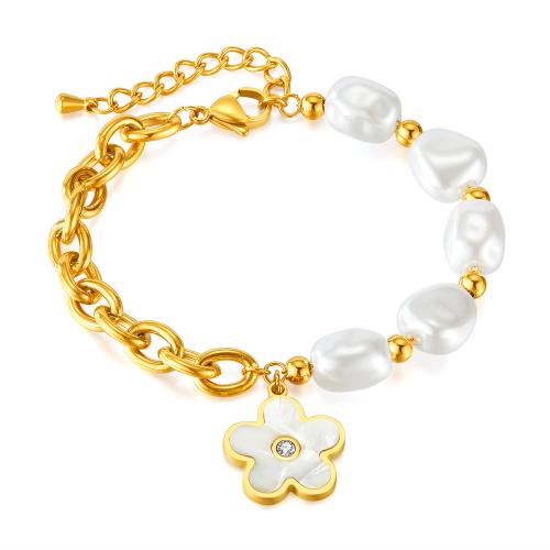 Cultured Freshwater Pearl Bracelets, 304 Stainless Steel, with Pearl Oyster & Cubic Zirconia & Freshwater Pearl, with 4cm extender chain, Vacuum Ion Plating, for woman .5 cm [