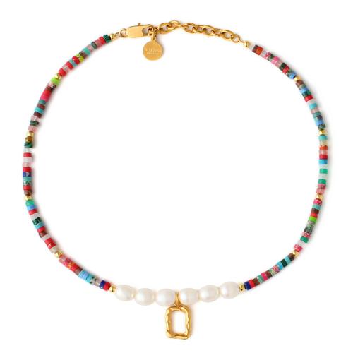 Acier titane collier, avec pierre gemme & perle d'eau douce cultivée, Motif géométrique, Placage de couleur d'or, bijoux de mode & pour femme Environ 16-20 pouce, Vendu par PC