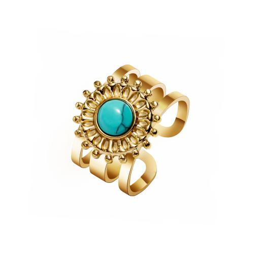 Gemstone Stainless Steel Finger Ring, 304 Stainless Steel, with turquoise, 18K gold plated, fashion jewelry & for woman, golden 