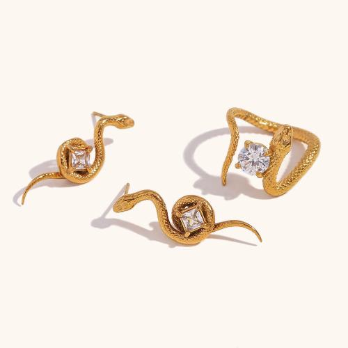 Cubic Zirconia Stainless Steel Jewelry Sets, 304 Stainless Steel, Snake, 18K gold plated, fashion jewelry & micro pave cubic zirconia & for woman, golden 