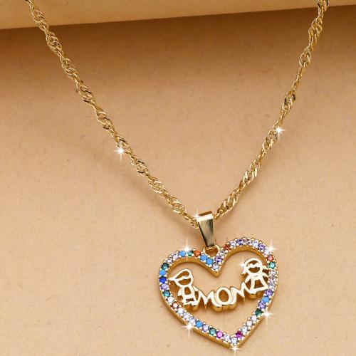 Cubic Zircon Micro Pave Brass Necklace, Heart, gold color plated, micro pave cubic zirconia & for woman, multi-colored [