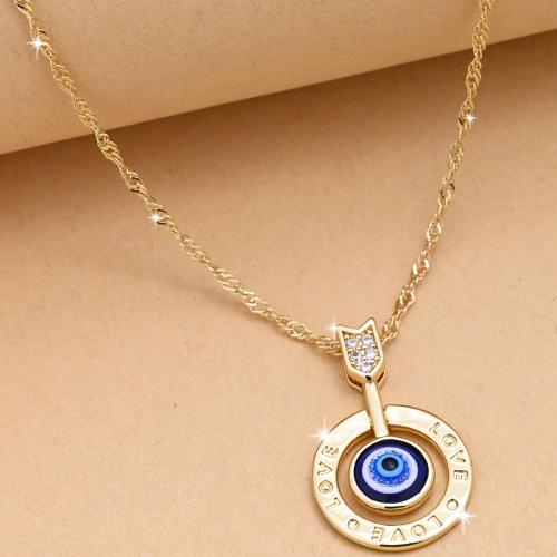 Evil Eye Jewelry Necklace, Brass, Round, gold color plated, evil eye pattern & micro pave cubic zirconia & for woman, blue [