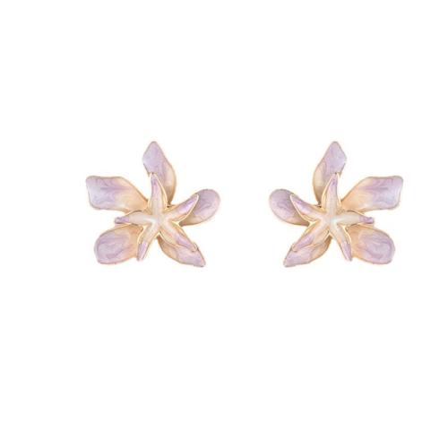 clou d'oreille en alliage zinc avec émail, alliage de zinc, fleur, Placage de couleur d'or, bijoux de mode, rose Vendu par paire[