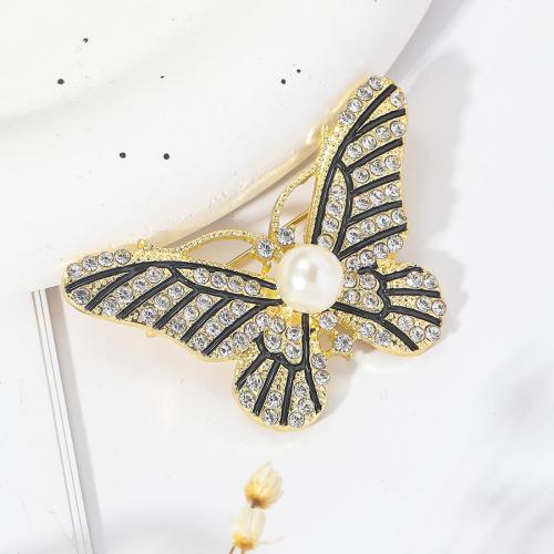 Rhinestone Zinc Alloy Brooch, with Plastic Pearl, Butterfly, gold color plated, fashion jewelry & with rhinestone, golden 