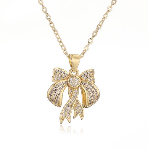 Cubic Zircon Micro Pave Brass Necklace, Bowknot, plated & micro pave cubic zirconia & for woman, golden 