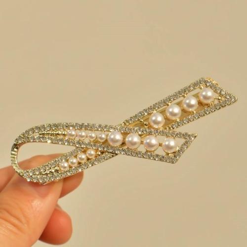 Alligator Hair Clip, Zinc Alloy, with Plastic Pearl & for woman & with rhinestone, golden, 70mm 