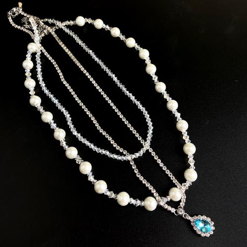 Collier de perles en plastique, Acier inoxydable 304, avec perle de plastique, bijoux de mode & pour femme & avec strass, argent .5 cm, 47 cm, 50 cm, Vendu par PC