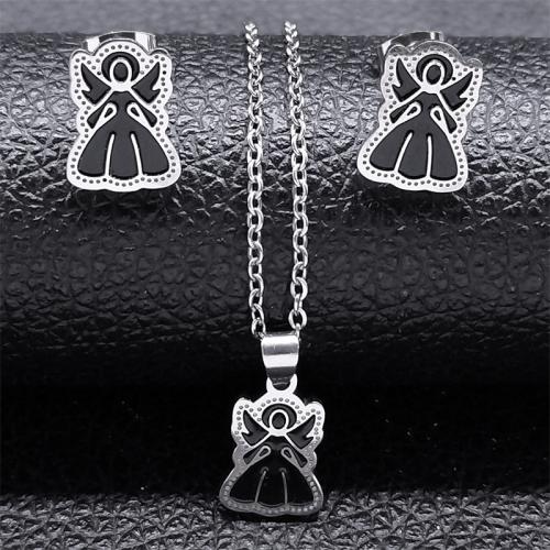 Enamel Stainless Steel Jewelry Sets, 304 Stainless Steel, Stud Earring & necklace, 2 pieces & Unisex, silver color Approx 50 cm 