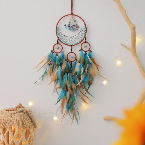 Fashion Dream Catcher, Brass, with Natural Stone & leather cord & Feather & Iron, handmade, for home and office & hollow, mixed colors 