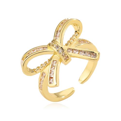 Cubic Zirconia Micro Pave Brass Finger Ring, Bowknot, plated, micro pave cubic zirconia & for woman, golden 