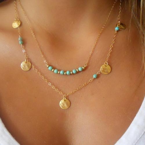 Turquoise Zinc Alloy Necklace, with turquoise, Round, gold color plated, Double Layer & for woman, mixed colors [