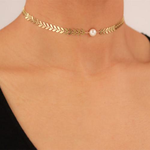 Mode Collier Choker, alliage de zinc, avec perle de plastique, avec 5CM chaînes de rallonge, Placage de couleur d'or, pour femme, plus de couleurs à choisir cm, Vendu par PC