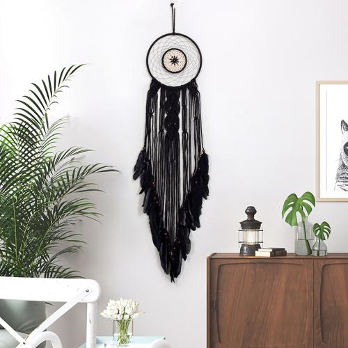 Fashion Dream Catcher, Iron, with Feather & Polyester and Cotton & Wood, handmade, for home and office, black 