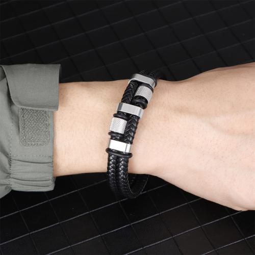 PU Leather Cord Bracelets, Zinc Alloy, with Magnet & PU Leather & 304 Stainless Steel, silver color plated, Double Layer & for man, black cm 