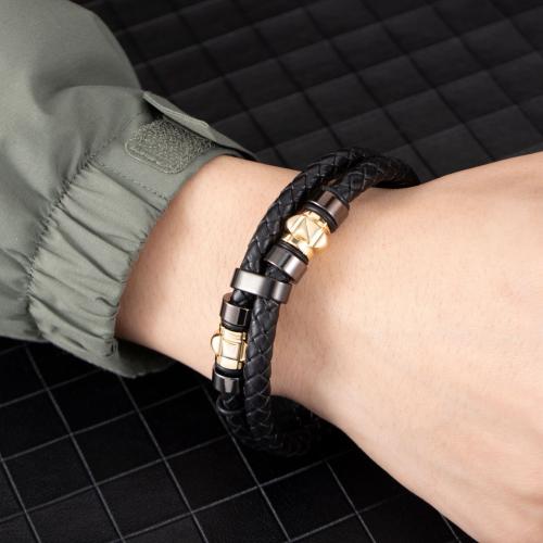 Pulseras de cordón de cuero artificial, acero inoxidable 304, con Cuero, Recubrimiento iónico al vacío, Doble capa & para hombre, Negro, longitud:21 cm, Vendido por UD