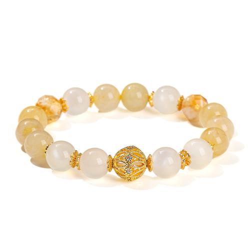 Moonstone Bracelet, with Rutilated Quartz & Brass, Round, handmade, fashion jewelry & for woman, beads length 10mm Approx 6-6.5 Inch 