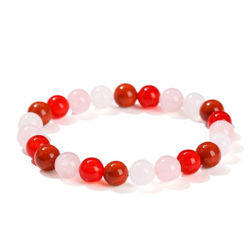 Madagascar Rose Quartz Bracelet, with Calcite & Chalcedony & Red Jasper, Round, handmade, fashion jewelry & Unisex, beads length 8mm Approx 6 Inch 