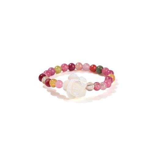 Tourmaline Finger Ring, with White Shell, Rose, handmade, elastic & folk style & for woman, beads length 3mm, US Ring [