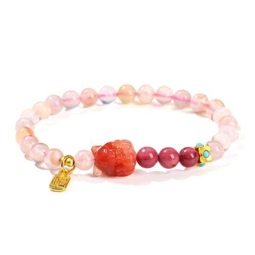 Cherry Blossom Agate Bracelet, with Rhodochrosite & Brass & Zinc Alloy, Fox, handmade, folk style & for woman, Grade AAAAA, beads length 6mm Approx 5.5-6 Inch 