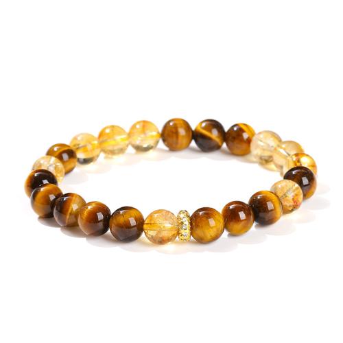 Tiger Eye Bracelet, with Citrine & Brass, Round, handmade, folk style & Unisex, Grade AAAAA, beads length 8mm Approx 6 Inch 