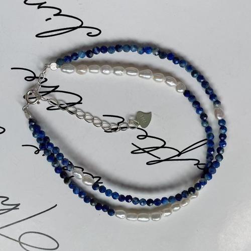 Cultured Freshwater Pearl Brass Bracelet, with Lapis Lazuli, with 5cm extender chain, Double Layer & fashion jewelry & for woman Approx 16 cm 