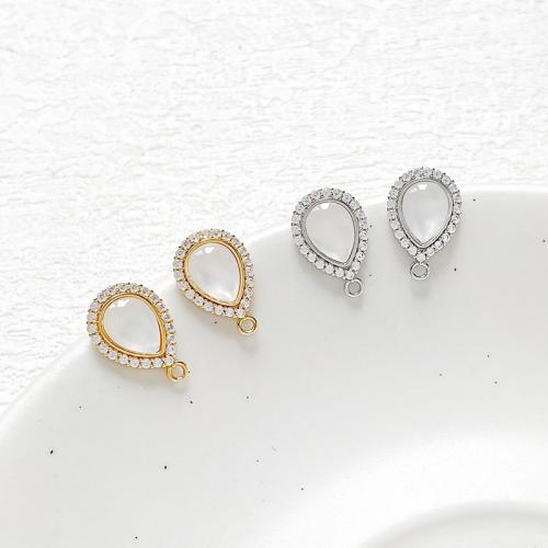 Brass Earring Stud Component, with White Lip Shell, plated, DIY & with rhinestone 