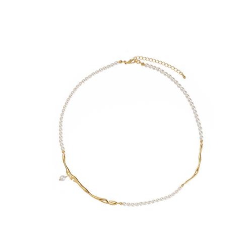 Collier de perles en plastique, perle de plastique, avec laiton, Plaqué or 18K, bijoux de mode & pour femme, blanc Environ 31-40 cm, Vendu par PC