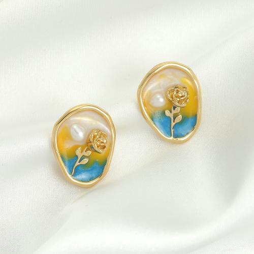 Brass Stud Earring, with Plastic Pearl, 18K gold plated, fashion jewelry & for woman & enamel 