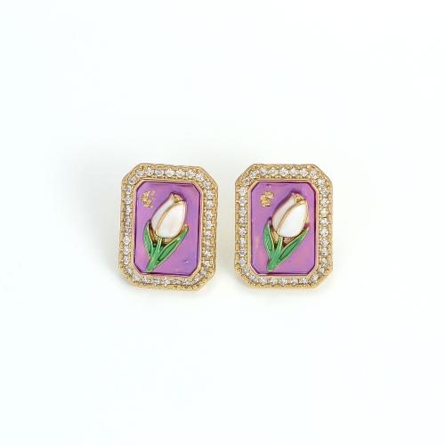 Pendiente stud de cobre con los diamantes de imitación , metal, 18K chapado en oro, Joyería & para mujer & esmalte & con diamantes de imitación, 16x12mm, Vendido por Par[