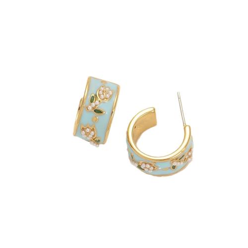 Brass Stud Earring, with Plastic Pearl, 18K gold plated, fashion jewelry & for woman & enamel 