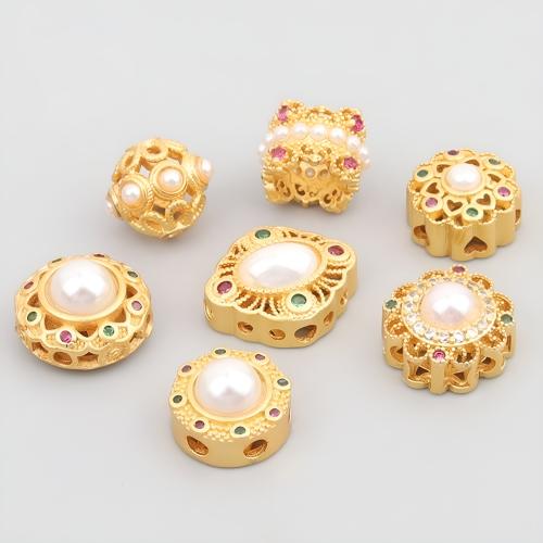 Brass Spacer Beads, Zinc Alloy, with Plastic Pearl, plated, DIY & micro pave cubic zirconia, golden [