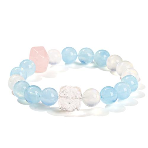 Aquamarine Bracelet, with Blue Moonstone & Clear Quartz, handmade, fashion jewelry & for woman, Grade AAA, beads length 8-10mm Approx 6-6.5 Inch 