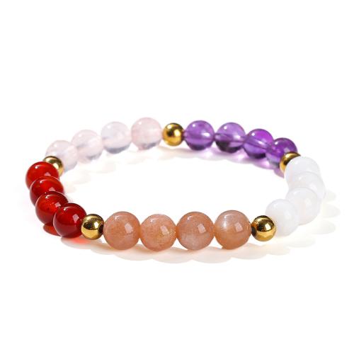 Quartz Bracelet, with Sunstone & Agate & 304 Stainless Steel, Round, handmade, fashion jewelry & for woman, beads length 8mm Approx 6 Inch 