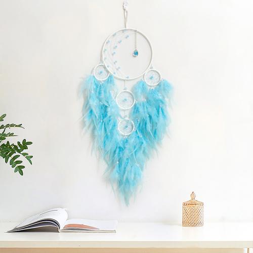 Fashion Dream Catcher, Iron, with leather cord & Feather & Plastic, for home and office light blue 