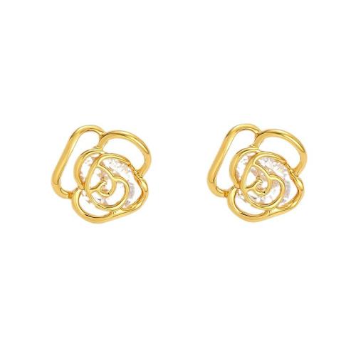 Cubic Zircon Brass Earring, with Cubic Zirconia, Flower, 18K gold plated, fashion jewelry & for woman & hollow 