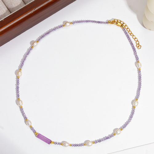 Gemstone Freshwater Pearl Necklace, Amethyst, with Freshwater Pearl & Brass, with 5cm extender chain, handmade, fashion jewelry & for woman Approx 37 cm 