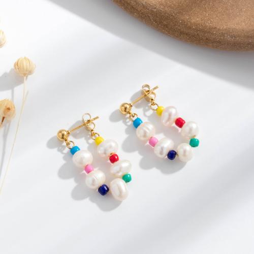 Boucles d'oreilles en acier titane, avec perle de plastique, bijoux de mode & pour femme, plus de couleurs à choisir, 26mm, Vendu par paire