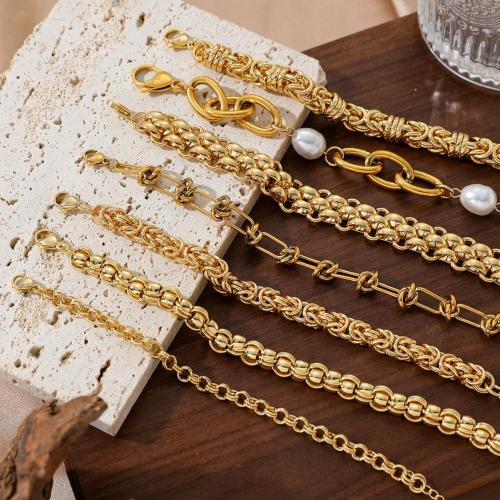 Stainless Steel Chain Bracelets, 304 Stainless Steel, with Plastic Pearl, gold color plated & for woman 