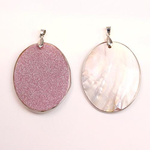 Brass Shell Pendants, with Brass, Flat Oval, silver color plated, DIY, pink [