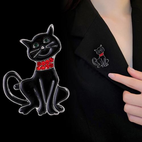 Enamel Brooch, Zinc Alloy, Cat, plated, fashion jewelry & with rhinestone, black 