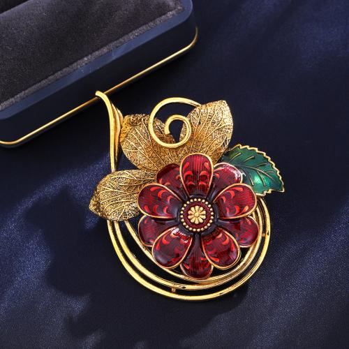 Enamel Brooch, Zinc Alloy, Flower, gold color plated, fashion jewelry, red 