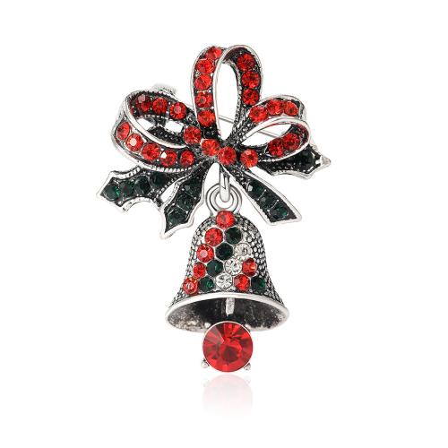 Broche de bijoux de Noël, alliage de zinc, cloche de noël, Placage de couleur argentée, bijoux de mode & avec strass, rouge Vendu par PC