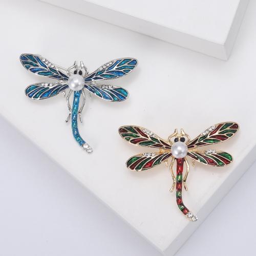 Enamel Brooch, Zinc Alloy, with Plastic Pearl, Dragonfly, plated, fashion jewelry & with rhinestone 